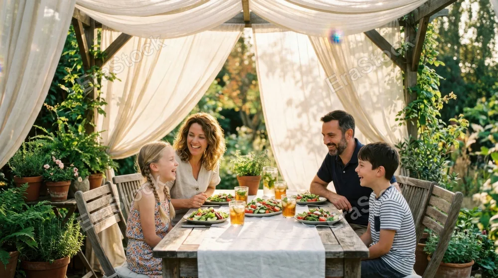 A family of four seated around a wooden table under a fabric-draped pergola, warm afternoon sunlight filtering through sheer cream curtains, ceramic plates with fresh