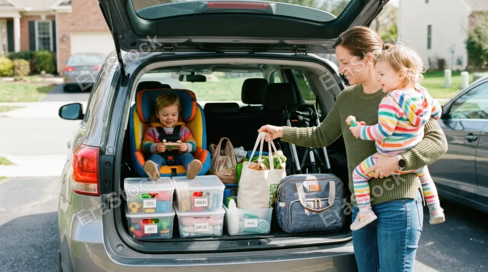 Toddler in colorful car seat surrounded by organized storage bins and toys, diaper bag neatly arranged in trunk space, parent loading supplies with one hand while holding