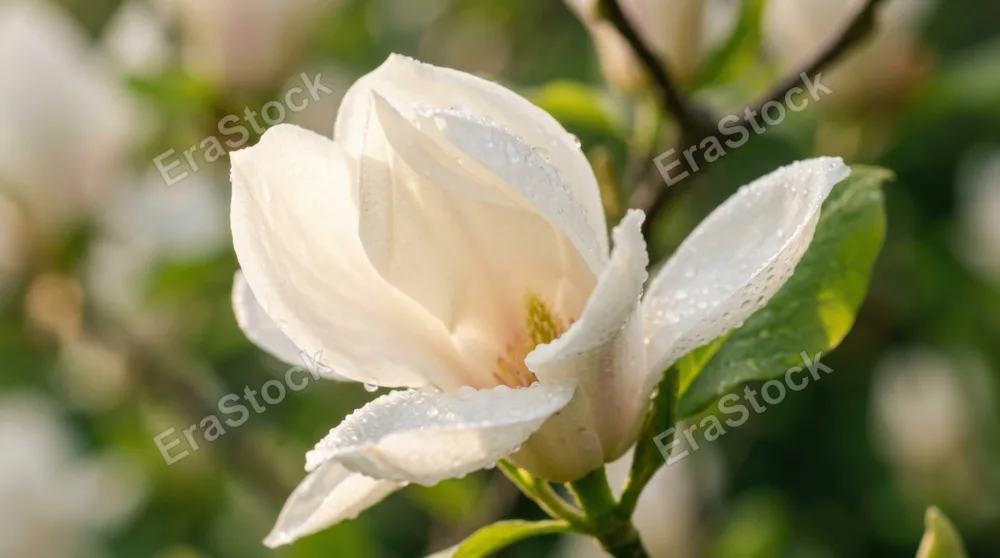 Close-up of white magnolia petals unfurling in morning light, water droplets clinging to soft surfaces, shallow depth of field with blurred green stem and leaves in