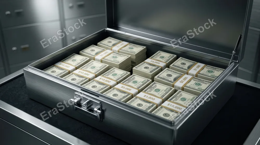 Neat rows of wrapped cash bundles arranged symmetrically in an open safe deposit box, metallic surfaces gleaming with cool reflections, each bundle clearly organized and