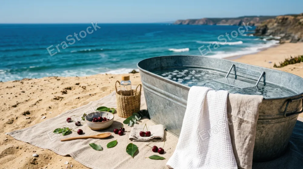 a diagonal shot of a galvanized cold plunge tub and soft towels on a sandy beige picnic blanket, with cherries and green leaves scattered artfully around. the angle