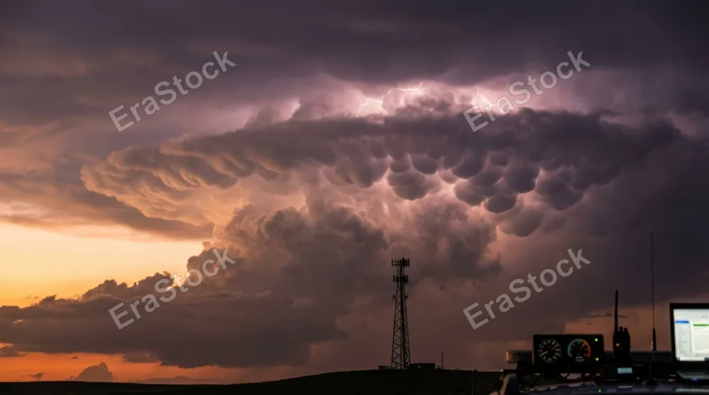 Cumulonimbus anvil cloud lit from within by continuous lightning at golden hour, cell tower silhouette in foreground, mammatus pouches hanging from cloud base like inverted cobblestones, storm