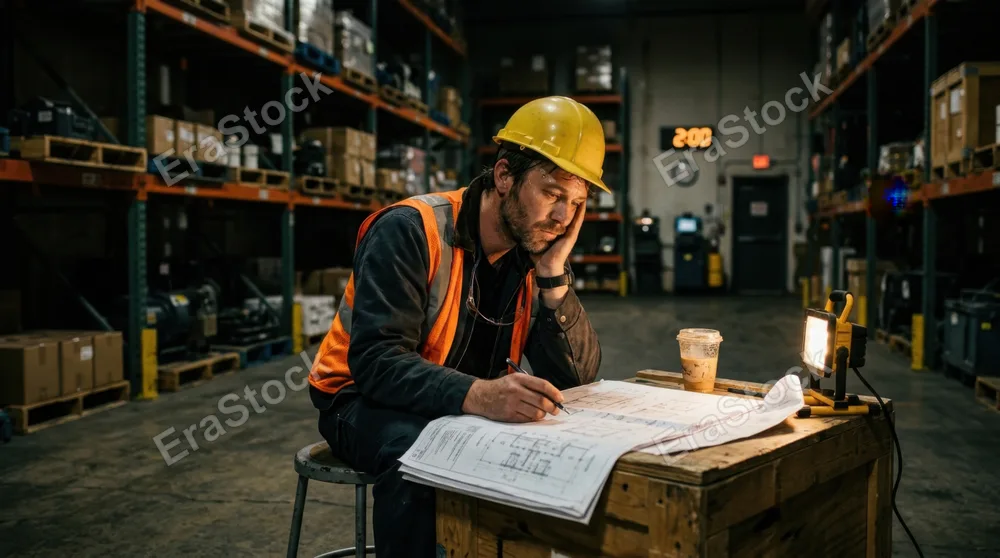 Night shift worker in hard hat and reflective vest sitting in a dimly lit industrial warehouse, examining blueprints under a portable work light, tired expression with