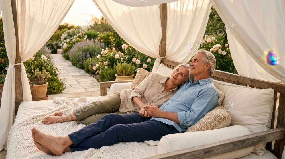 Mature couple reclined together on a comfortable outdoor daybed with flowing white linen canopy, sun-drenched garden terrace visible behind them with flowering shrubs and