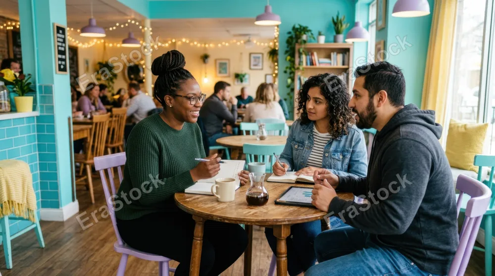 in a cozy cafe, a 37-year-old black female sales representative is engaged in a huddle with two team members at a small table, with the bright aqua, soft lavender, and