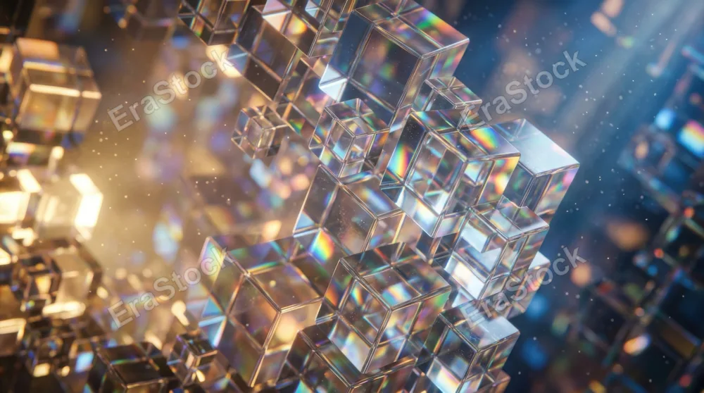 Abstract composition of translucent glass cubes layered and interlocking at various angles, light refracting through crystalline surfaces creating rainbow prisms and soft