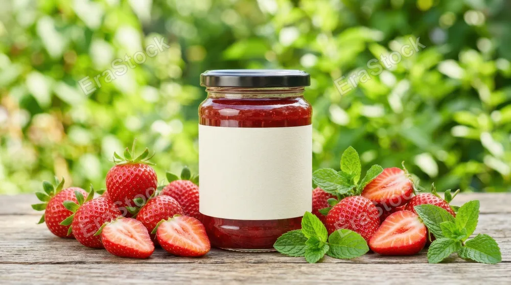 a bold, graphic composition featuring the blank-label jam jar surrounded by neatly arranged whole and halved strawberries and bright green herbs, set against a soft-focus