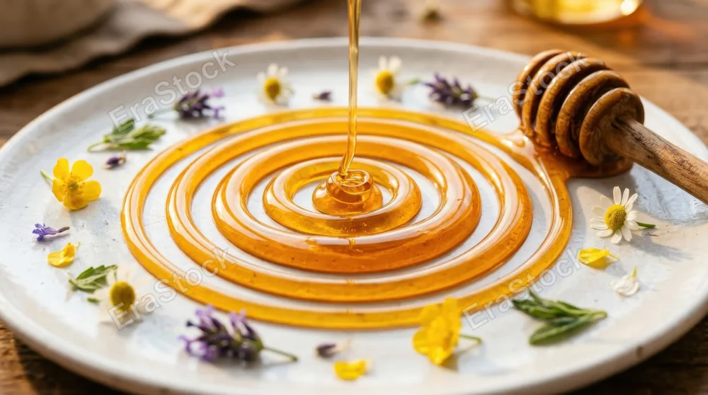 Swirling golden honey drizzled onto a white ceramic plate in a tight counterclockwise spiral, thick viscous streams catching warm studio light with glossy highlights,