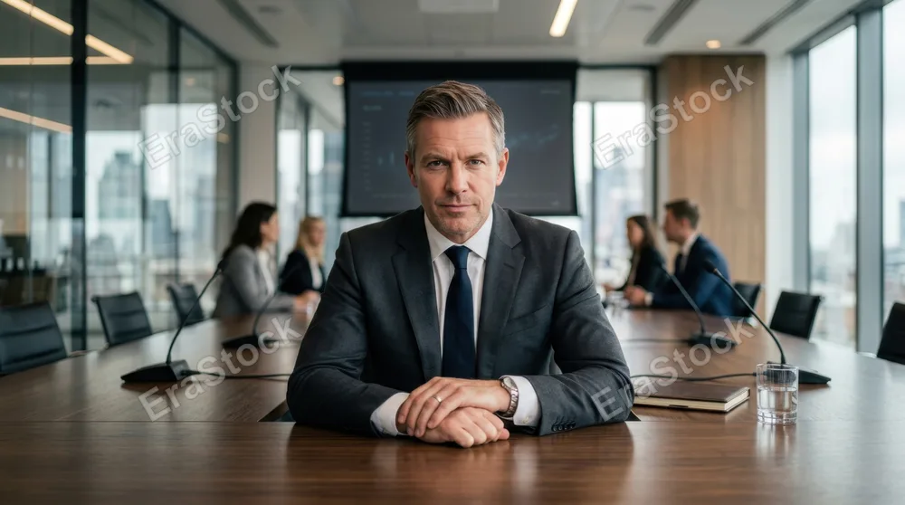 CEO seated at sleek conference table, leaning forward with direct eye contact and commanding presence, sharp tailored suit, modern glass and steel boardroom setting, soft