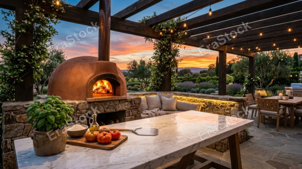 Luxury outdoor culinary space featuring a fire element pizza oven with terra-cotta dome, natural stone surround with integrated seating nook, oversized marble prep