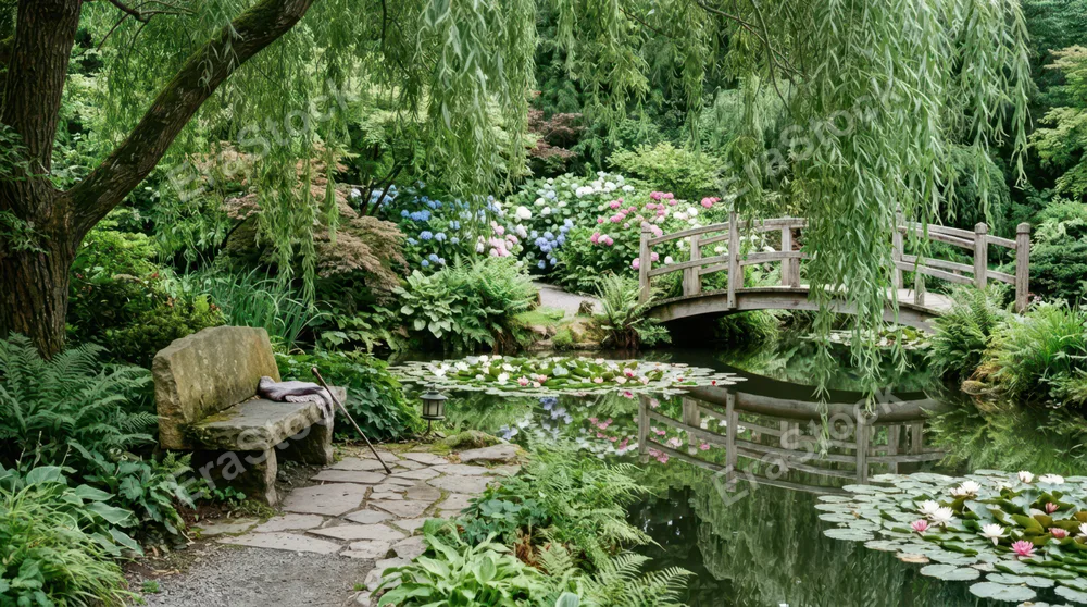 Stone bench overlooking ornamental pond with water lilies and garden bridge, weeping willow branches framing the scene, peaceful water reflections, lush hydrangea blooms