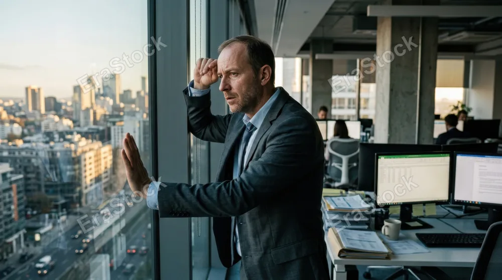 Man standing at a window in a modern office building, hand against glass, staring outward with concerned expression, multiple computer monitors and documents visible