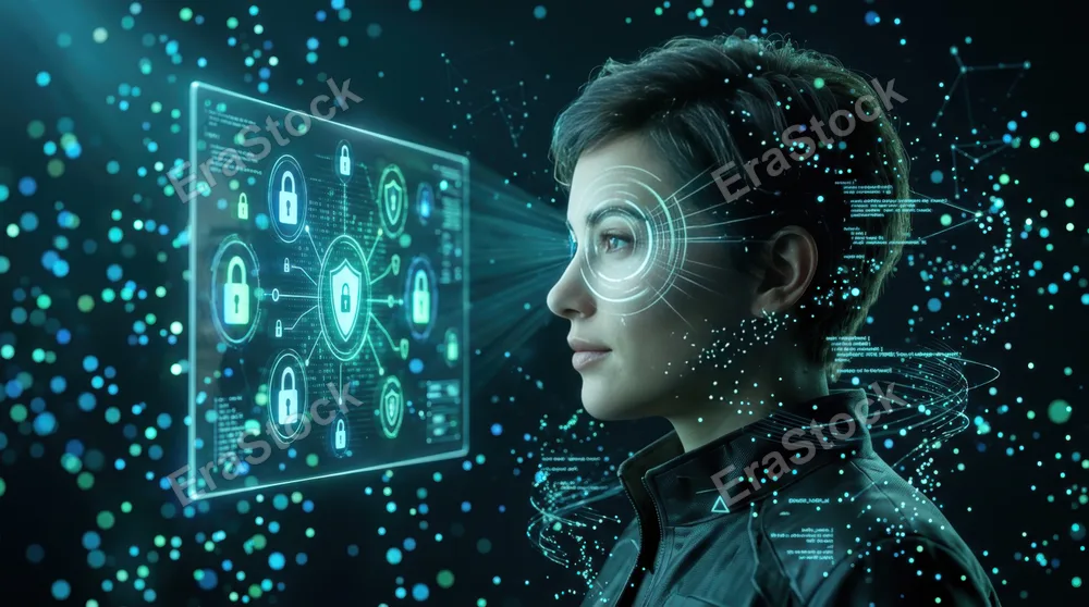 Side profile of a person's face illuminated by gentle blue-green light from a transparent screen displaying lock symbols and shield icons, concentric security rings