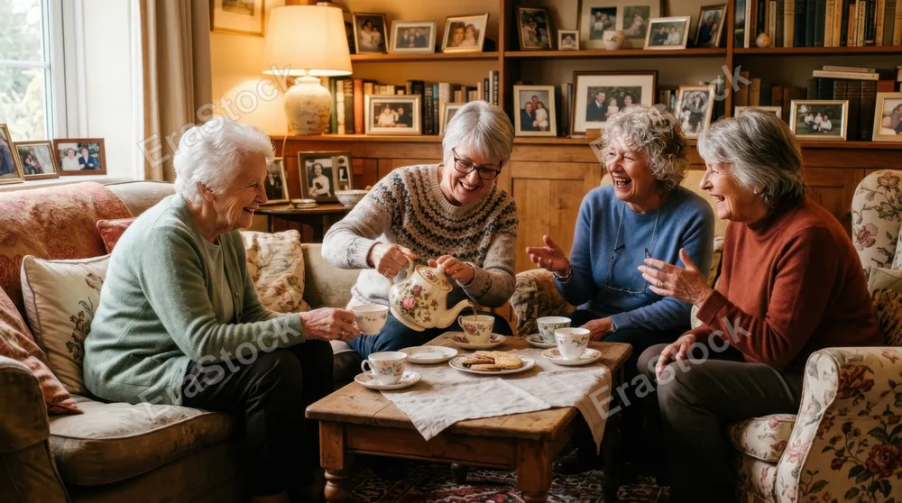 Senior women gathered in a cozy living room having tea together, seated on comfortable furniture with cushions, one woman pouring from a vintage teapot while others chat