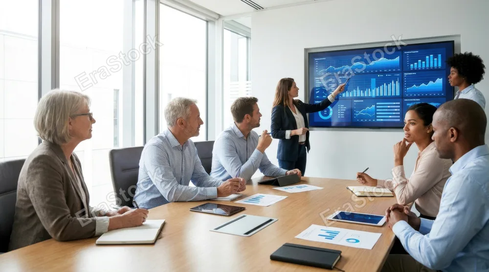 Professional consultant presenting strategic insights to a diverse team around a modern conference table, pointing at digital analytics displayed on a large screen,