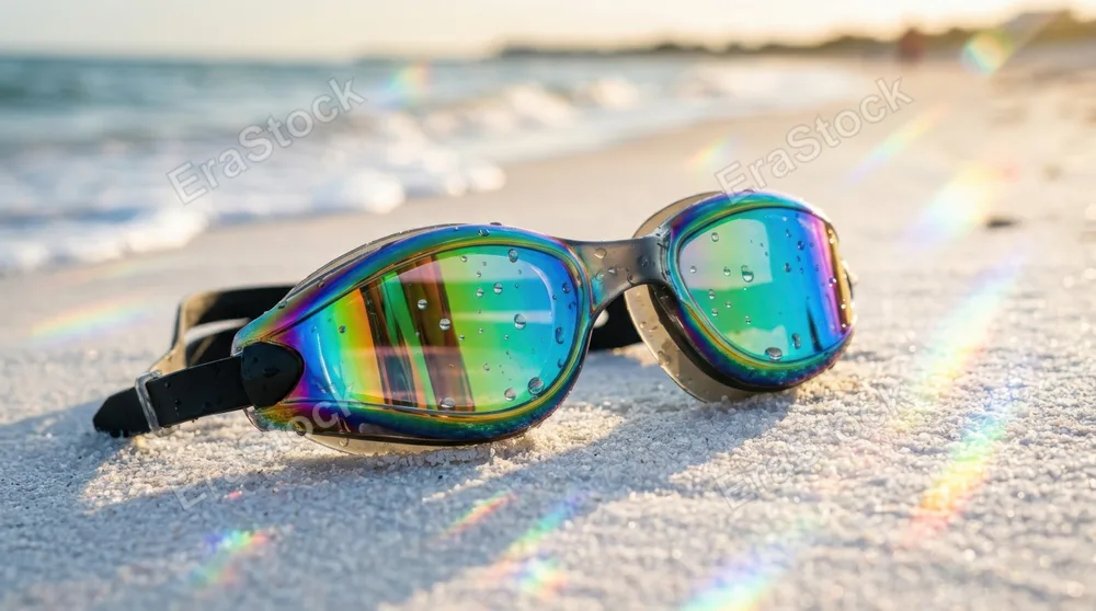 Close-up of vibrant spectrum-tinted goggles resting on white sand, each lens reflecting prismatic light in distinct color bands, rainbow refractions dancing across the