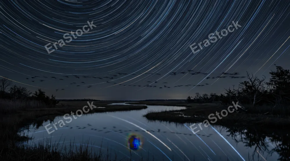 A long-exposure photograph of a coastal wetland on a clear night during bird migration, star trails arcing overhead from a 2-hour exposure, and the dark shapes of ducks and geese visible in the sky as