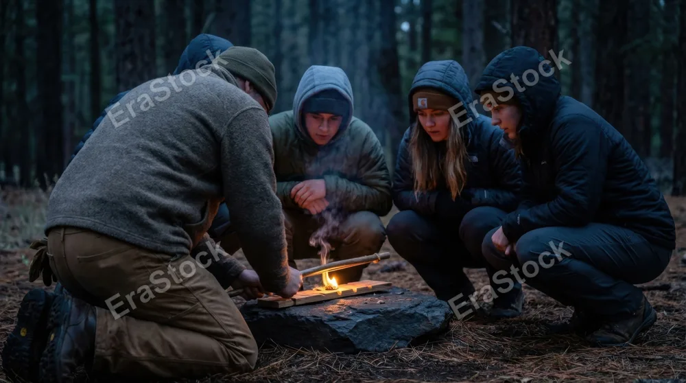 Wilderness survival school fire-making lesson at dusk, instructor demonstrating bow-drill friction fire technique on a flat basalt rock, thin smoke beginning to rise from a dark ember forming in the