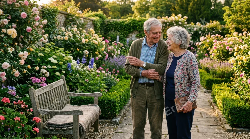 An elderly couple pausing beside a wooden garden bench surrounded by roses and flowering shrubs, one pointing toward distant blooms while the other smiles warmly, soft
