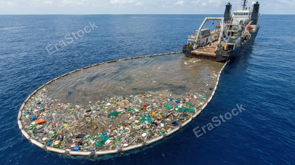 An ocean plastic collection vessel at sea, large booms gathering surface debris, the contrast between the clean blue water and the collected waste vivid and stark, the scale of the problem and the