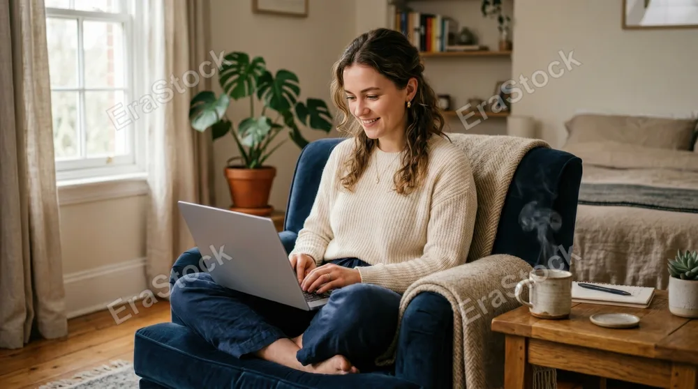 Young professional sitting cross-legged on a plush bedroom armchair, laptop balanced on thighs, soft natural window light illuminating focused face, coffee mug steaming