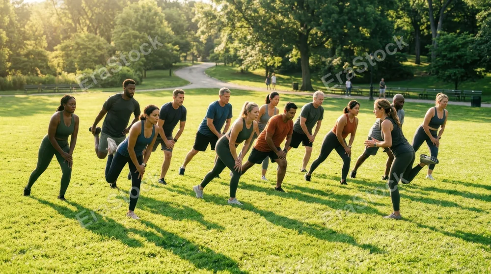 A diverse group of people in athletic wear performing synchronized stretches on a sunny grass field, morning light casting long shadows, trees and park benches visible in