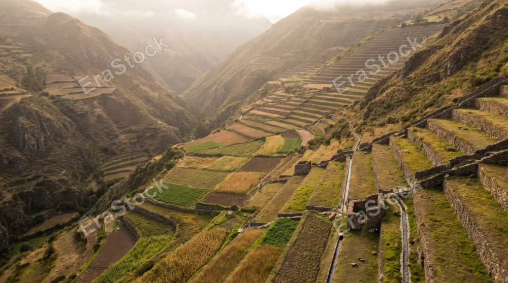 Traditional Inca terraced agriculture in Peruvian sierra, 500-year-old andenes stone retaining walls stepping down the valley, different crop altitudes visible in colour variation, pre-Columbian