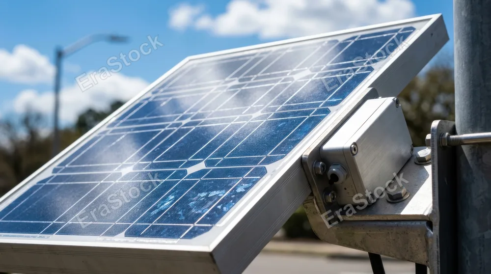 Close-up detail of a solar street light's top panel during bright midday sun, crystalline solar cells catching direct sunlight with geometric patterns and reflections,