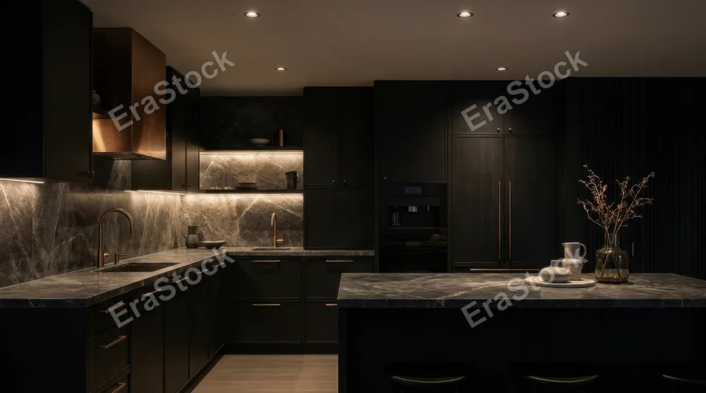 A dark-toned modern kitchen featuring black cabinetry, metallic fixtures, and subtle ambient lighting creating a moody elegant atmosphere, marble countertop with fine