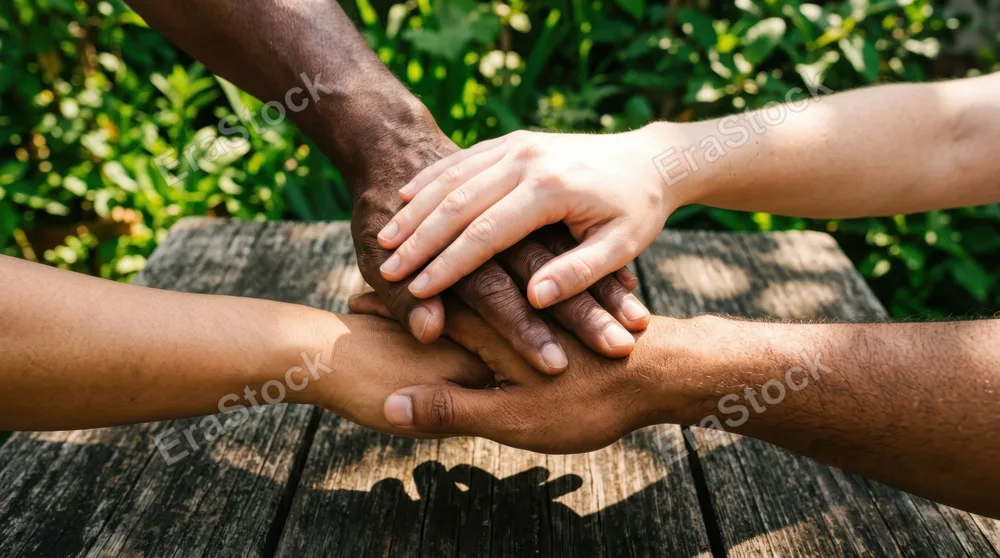 Close-up of four diverse hands stacked together in a unified circle, palms down, overhead perspective showing interlocked fingers with visible skin texture and natural
