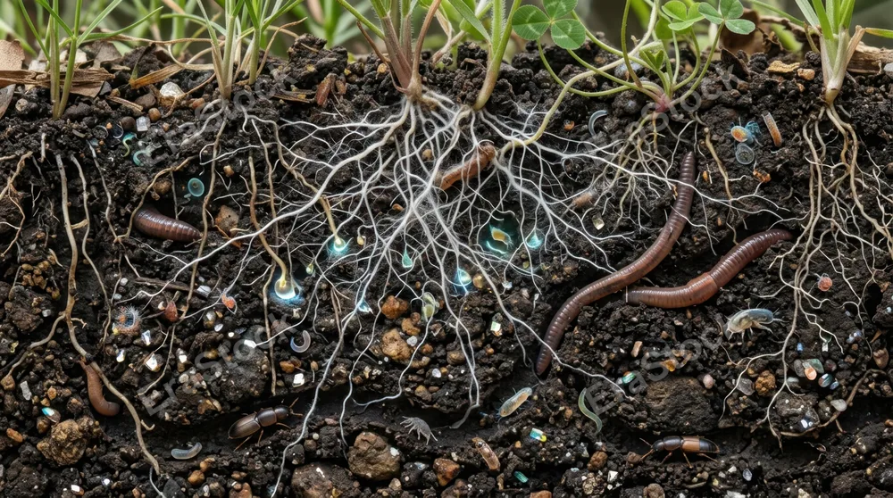 A cross-section of rich layered soil teeming with microscopic life, fungal mycelium networks stretching like white fiber-optic cables between plant roots, earthworms
