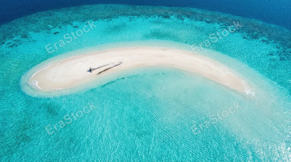 A pristine Maldivian sandbank at high tide, the sand a narrow white arc surrounded on all sides by turquoise water grading to deep cobalt at the reef edge, overwater bungalows absent, only a single
