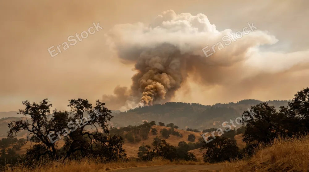 Wildfire smoke column over a California forest seen from 50km away, the smoke tower rising 8km into the atmosphere, the base dark brown and convective, the top spreading into an anvil of lighter white