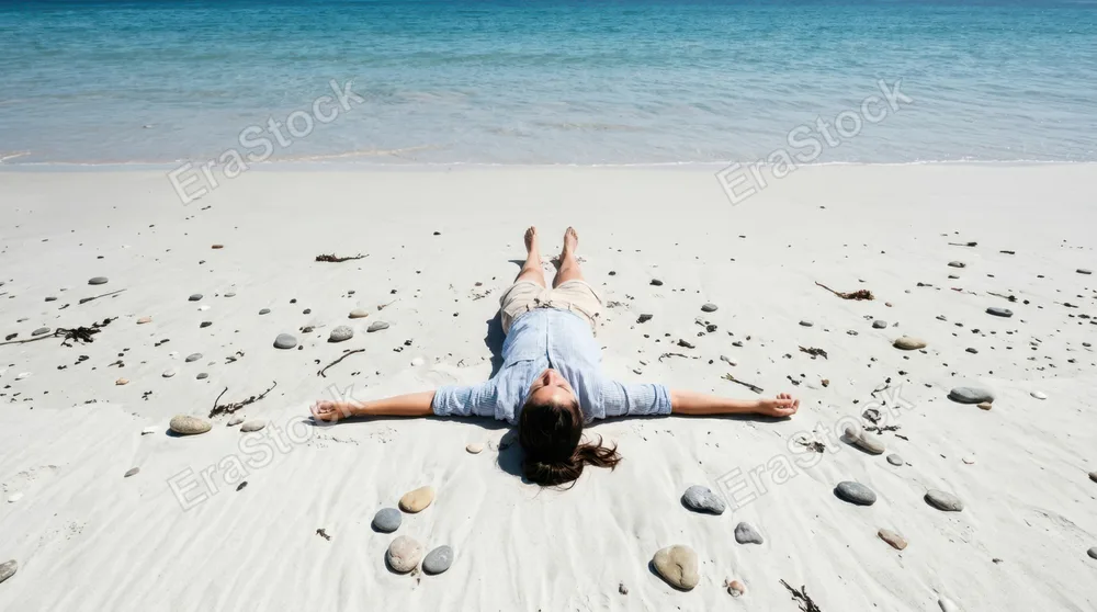 Overhead view of a person lying flat on pristine white sand with arms stretched outward, wearing casual beach attire, surrounded by scattered smooth pebbles and seaweed,