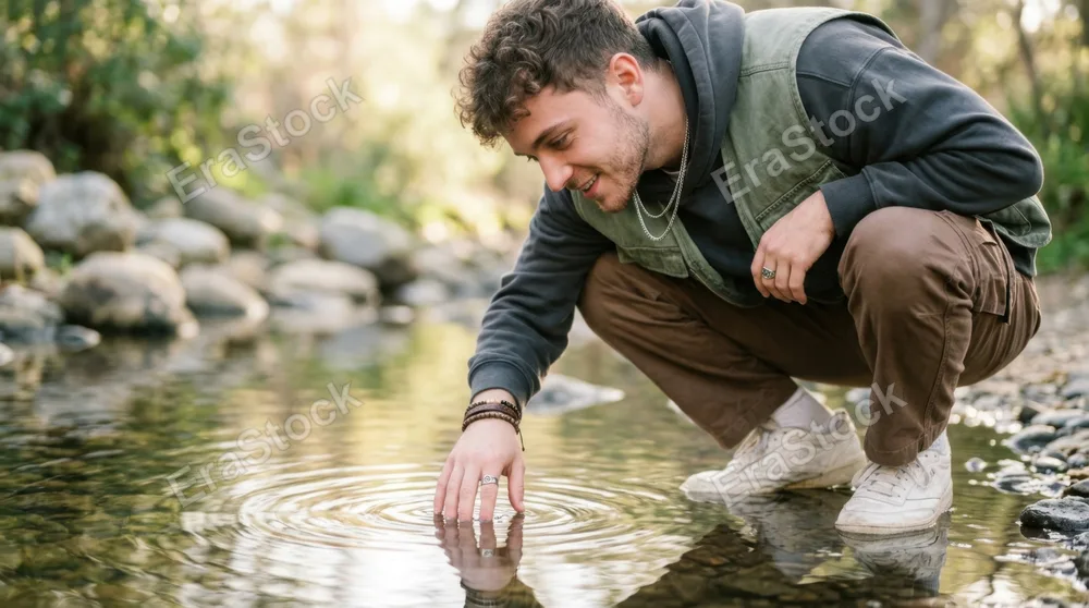 an intimate detail shot of the influencer's expression as he interacts with reflections in the shallow water, showcasing his trendy streetwear that embodies unique style