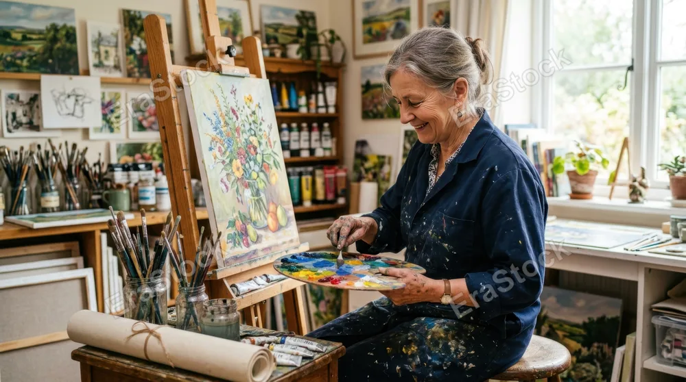 Senior artist seated at easel in bright home studio surrounded by canvas works, mixing vibrant acrylic colors on palette with purpose and precision, shelves of art