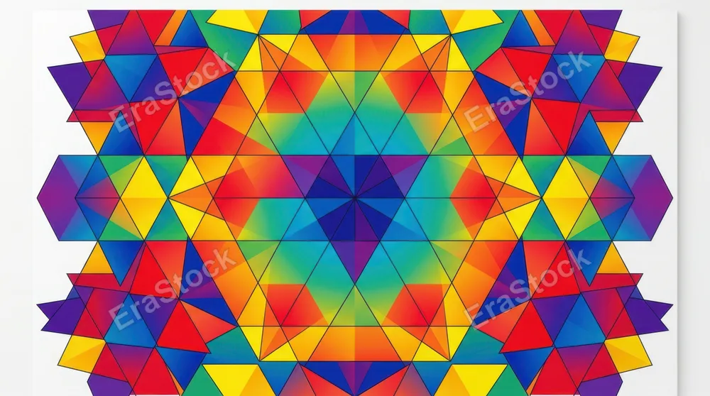 Vibrant geometric rainbow pattern composed of overlapping triangles and hexagons in bold primary and secondary colors, creating a dynamic tessellation across a flat