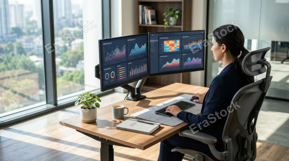 Modern office desk with dual monitors displaying abstract charts and graphs, ergonomic chair, minimal decor with a small plant and notebook, sunlight entering through large windows creating geometric