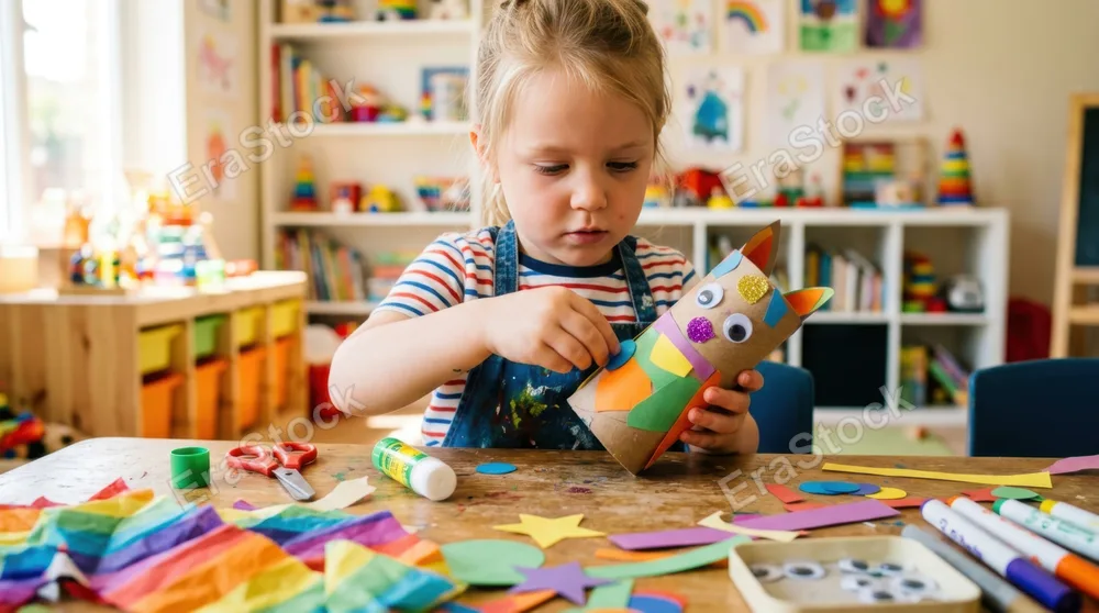 Young child carefully gluing colorful paper shapes and googly eyes onto a cardboard tube, transforming it into a whimsical creature character, surrounded by scattered