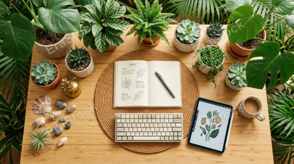 Aerial view of workspace on a light bamboo desk surrounded by lush green tropical plants, succulents in ceramic pots, open notebook with pen, wireless keyboard, tablet