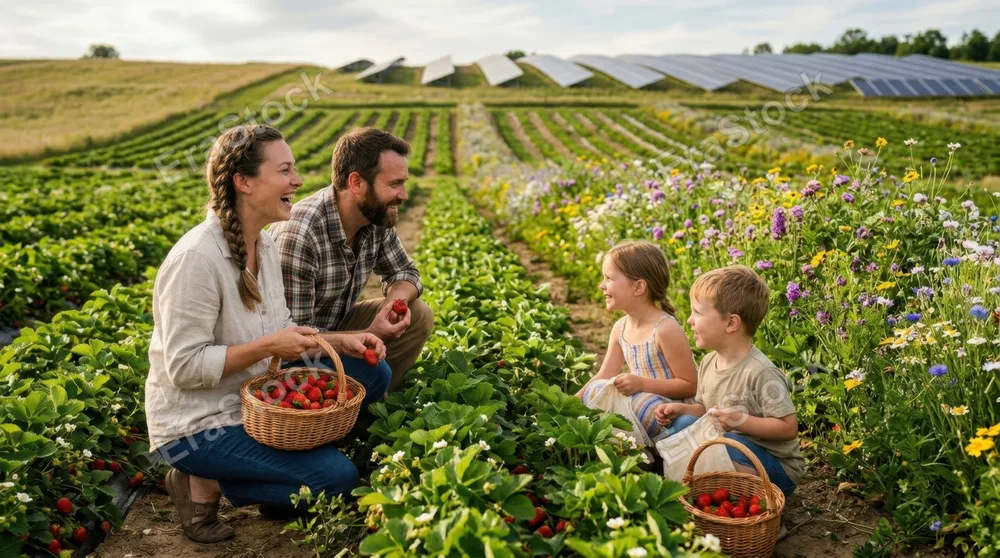 a distinct side profile view of a family, gathered together in laughter as they fill their baskets with strawberries, the vibrant blooms framing the scene. an overhead