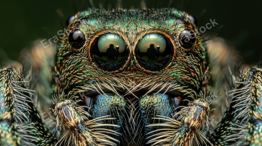 A macro photograph of a jumping spider's face filling the entire frame, eight eyes arranged in their characteristic pattern with the two enormous forward-facing primary