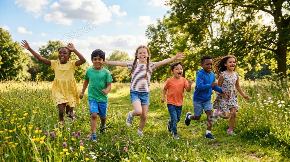 Group of children aged five to eight running together through a sunny park meadow, arms outstretched and laughing, wildflowers and green grass visible, blue sky overhead