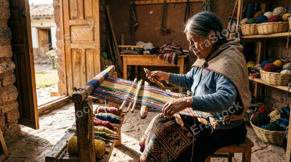 An elderly artisan's weathered hands carefully weaving traditional cloth on a wooden loom, intricate geometric patterns emerging in vibrant natural dyes, strong afternoon
