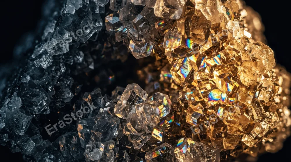 Macro world of crystallized sugar structures under dramatic raking light, translucent cubic and prismatic crystal formations clustered together like a miniature mineral