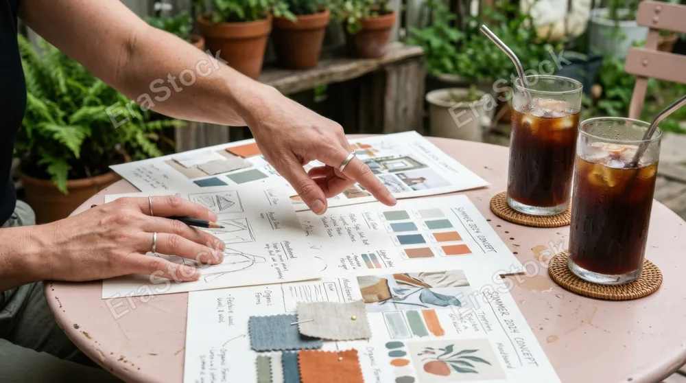 close-up shot of the designers hands gesturing over a design mockup spread on the patio table, with iced americanos prominently sweating beside them. the focus is tight
