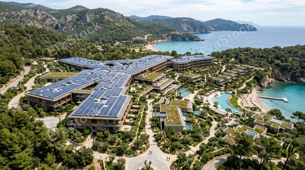 Aerial drone view of sprawling eco-resort with massive rooftop solar array stretching across multiple interconnected structures, geometric patterns of blue and black