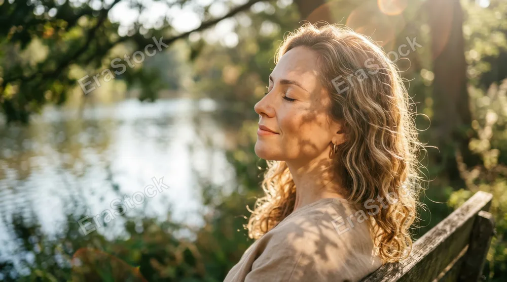 Side profile of a woman with eyes closed, experiencing the warmth of direct sunlight on her face, light rays creating lens flares around loose curls and fine hair details