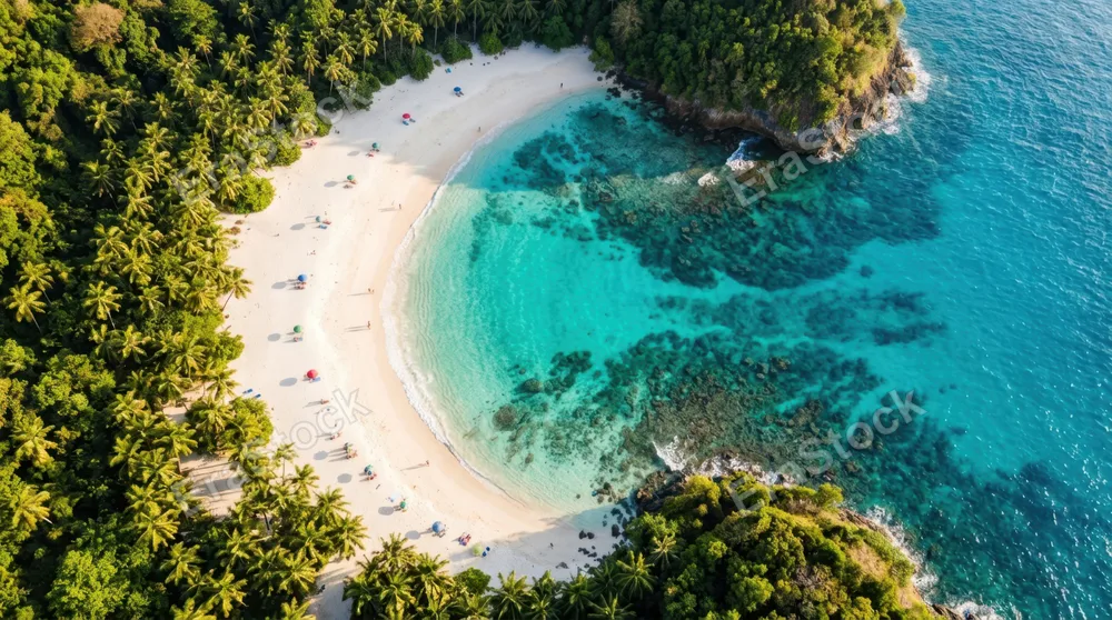 Aerial overhead view of a secluded white-sand beach cove surrounded by lush emerald palm trees and turquoise shallow waters, pristine untouched shoreline curving around