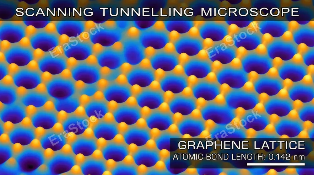 Scanning tunnelling microscope image of graphene lattice, individual carbon atoms in hexagonal array visible as peaks in the false-colour topography map, atomic bond lengths of 0.142nm made visible,